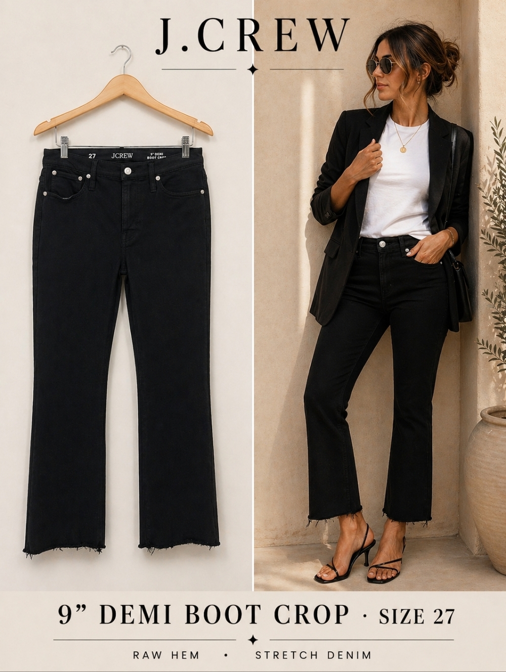 J.CREW 9" Demi Boot Crop Jeans in Stay Black Wash Style BK647 Frayed Hem Size 27